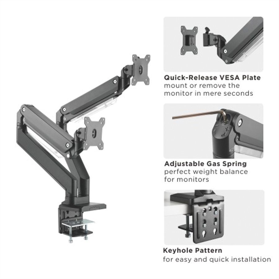 ROLINE Dual LCD Monitor Stand Pneumatic, Desk Clamp, Pivot, 5 Joints, max. 15 kg, up to 35"