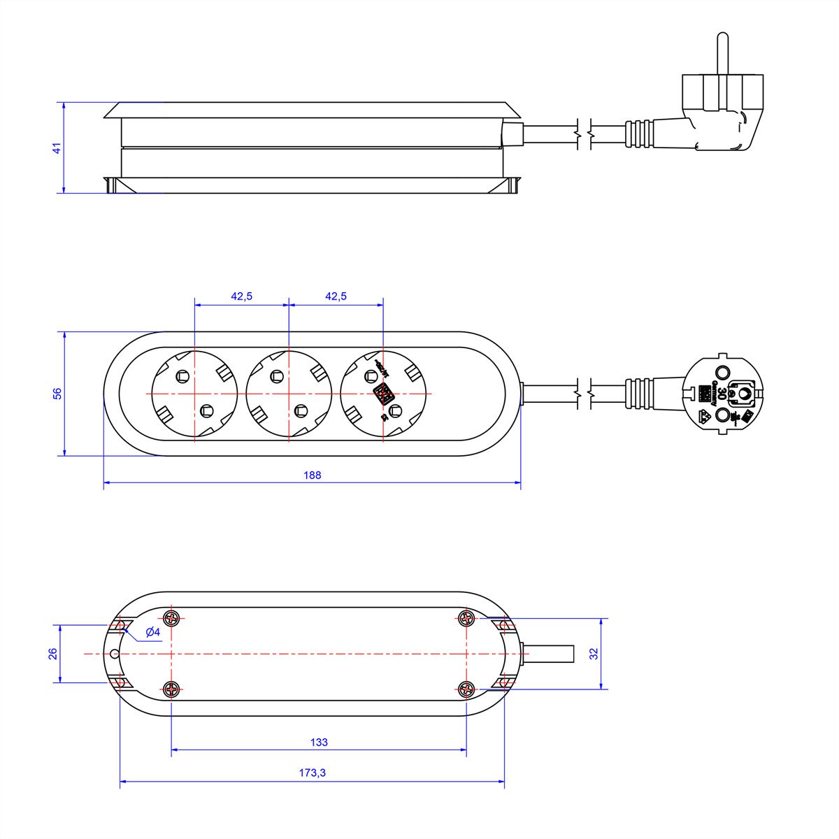 BACHMANN SMART socket strip 3x earthing contact, screwed, black, 3 m