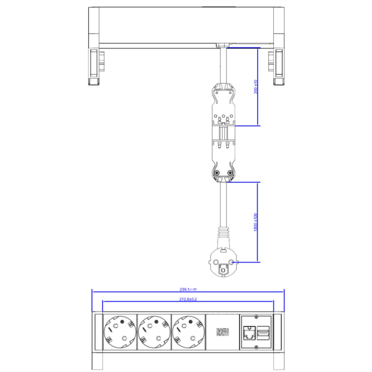 BACHMANN DESK2 3x earthing contact, 1x CAT6 1x USB3 white