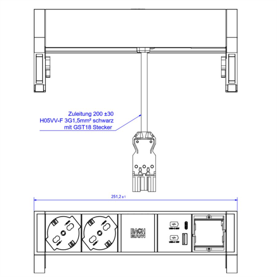 BACHMANN DESK2 2xP40 1xUSB A/C 22W 1xCM, 0.2m GST18 INOX Italia