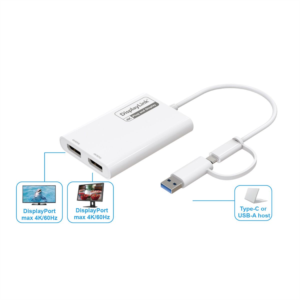 ROLINE Multi-DisplayLink Adapter USB Type A+C - 2x DP, 4K