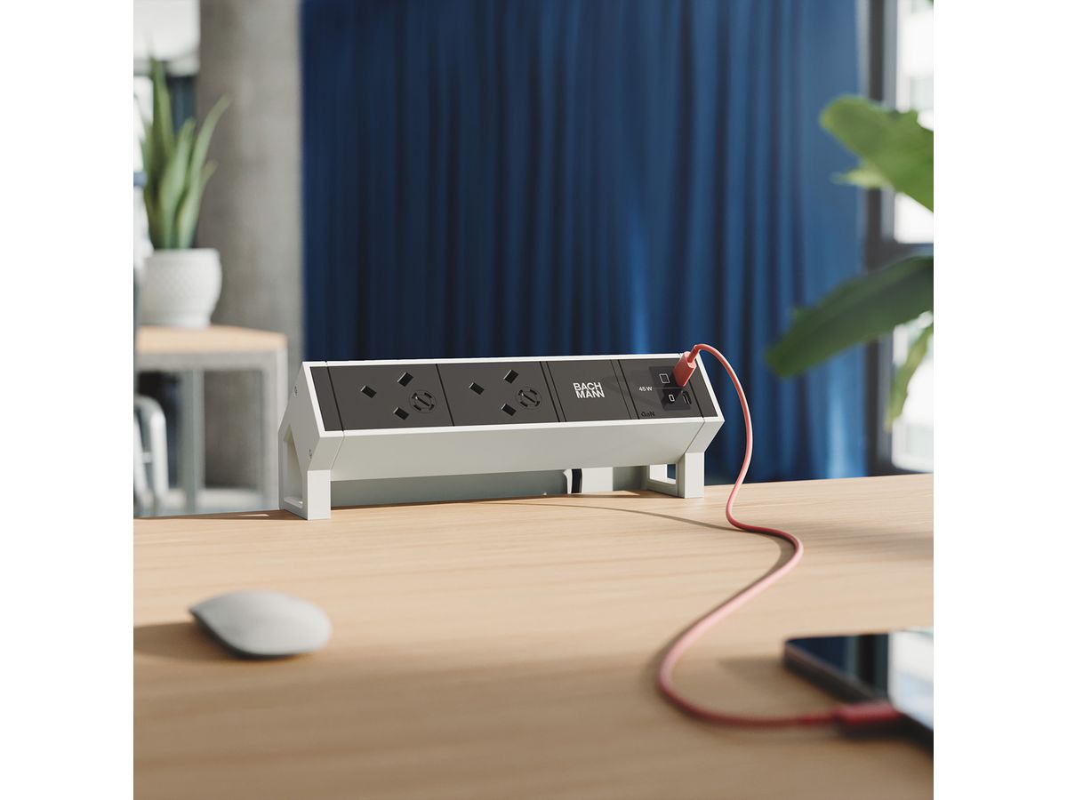 BACHMANN DESK2 2xUK 1xUSB C/C 45W, L=0.2m RAL9010