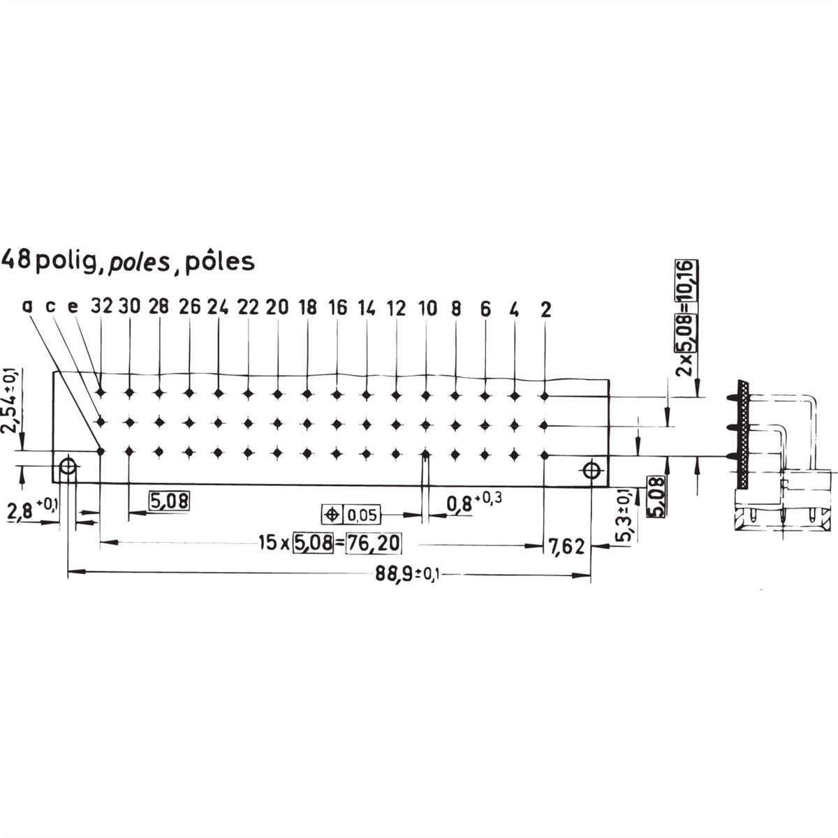 SCHROFF Stekker Type E, EN 60603, DIN 41612, Mannelijk, 48 Contacten, Soldeerpennen, 2,9 mm