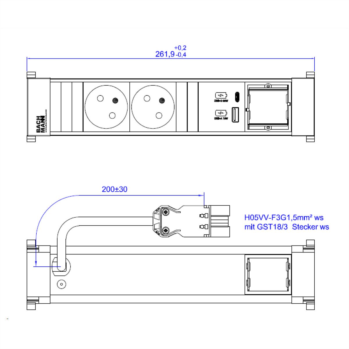 BACHMANN POWER FRAME 2xUTE 1xCM 1xUSB A/C 22W 0.2m GST18