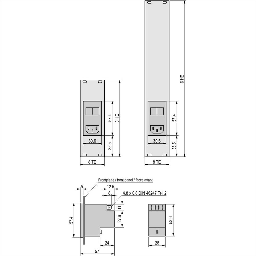 SCHROFF Front Panel with AC Input Module, 3 U, 8 HP, 2.5 mm, Al, Anodized, Untreated Edges