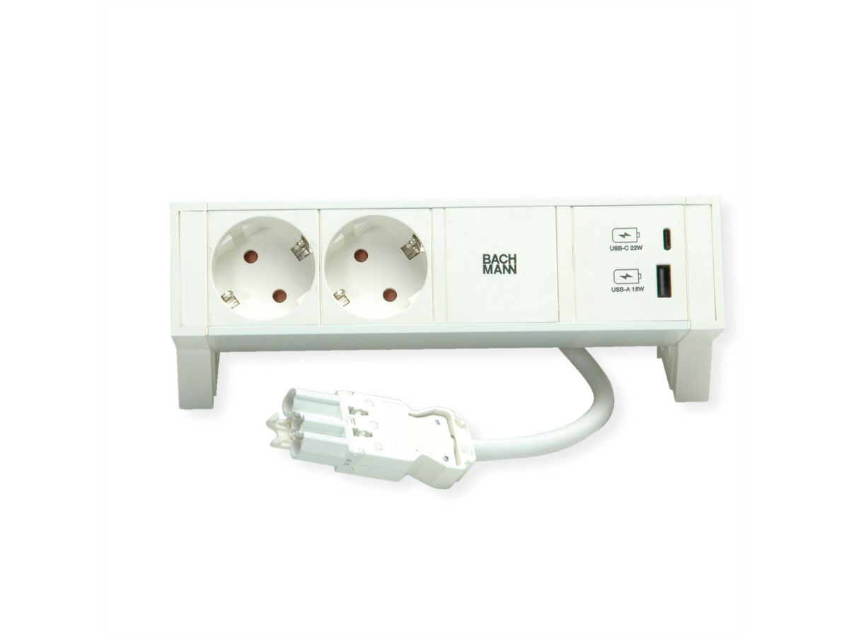 BACHMANN DESK2 ALU WHITE 2x earthing contact, USB Charger 22W A&C, 0.2m GST18