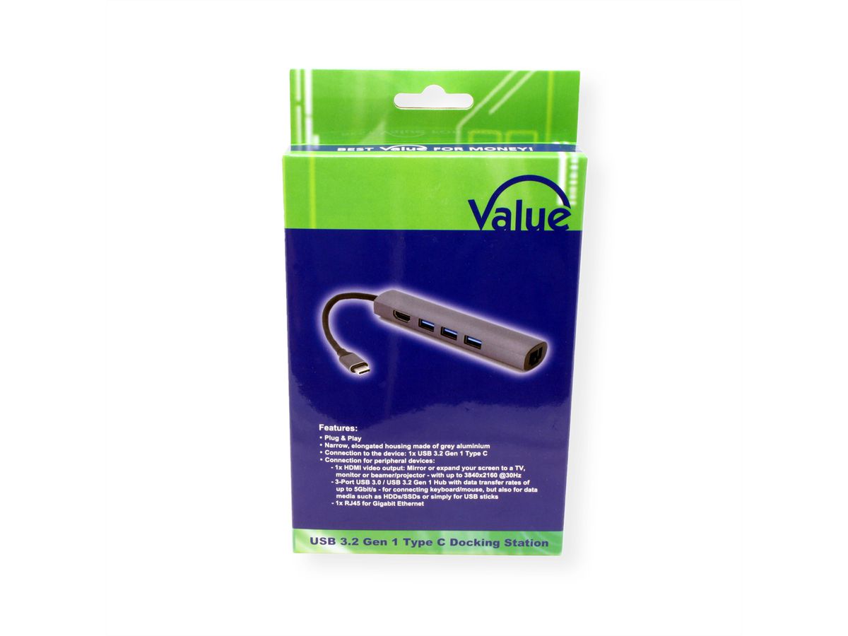 VALUE USB Type C docking station, 4K HDMI, 3x USB 3.2 Gen 1, Gigabit Ethernet, grey