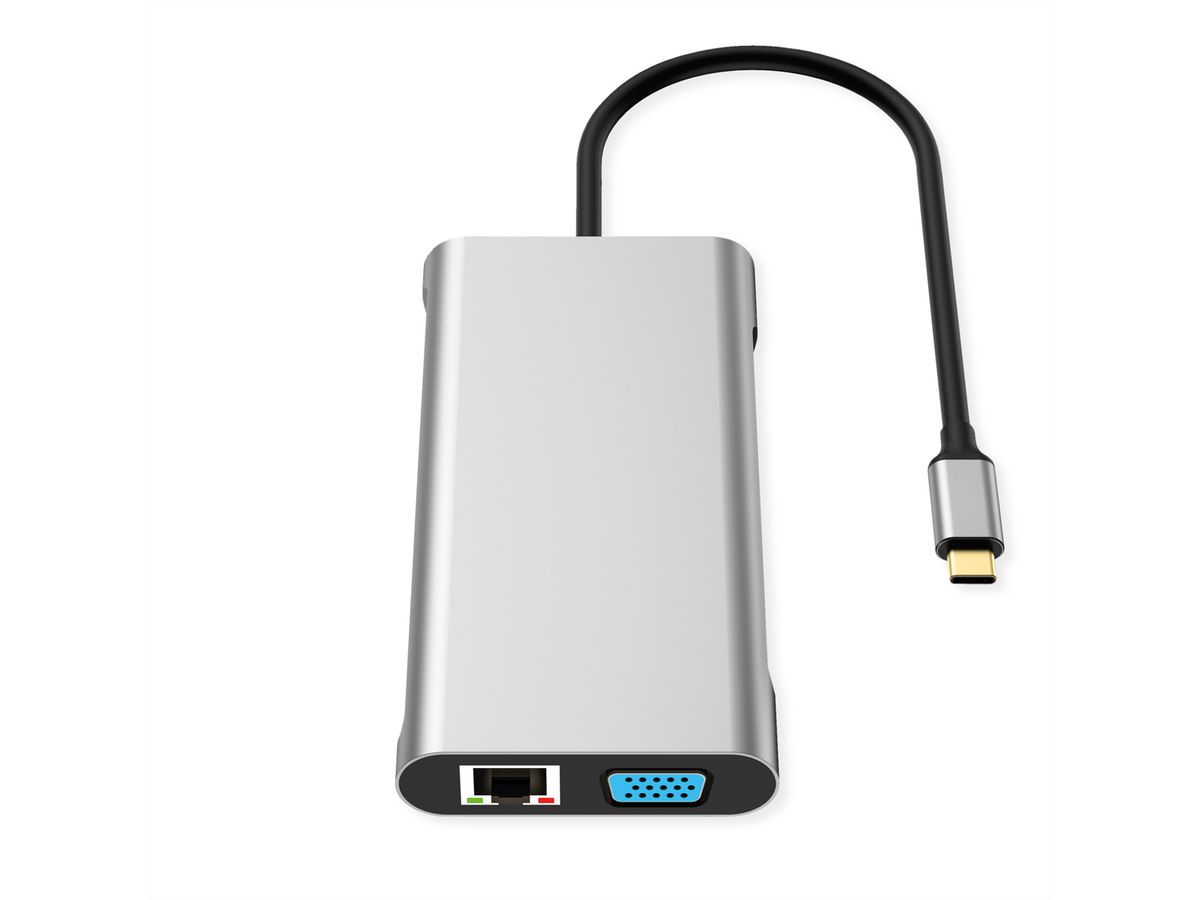 VALUE Dockingstation Type C, 1x HDMI 4K60, 1x HDMI 4K30, 1x DP 4K60, 1x VGA 1080P, 1x Gigabit Ethernet, 2x USB 3.2 Gen1 (C), 1x USB 3.2 Gen1 (A), 1x USB 2.0 (A), 1x Type C PD (Power Delivery)