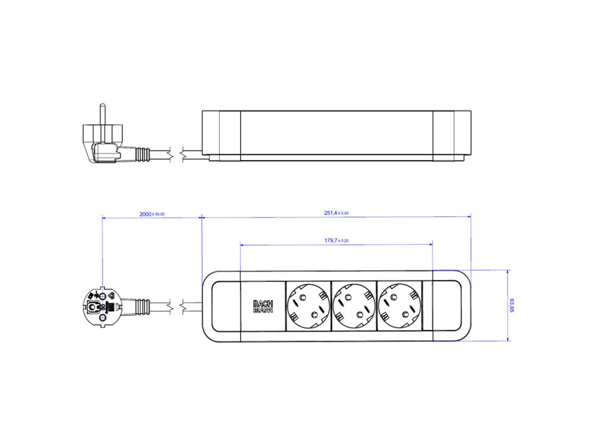 BACHMANN PRIMO2 socket strip 3x earthing contact, aluminium, black, 2 m