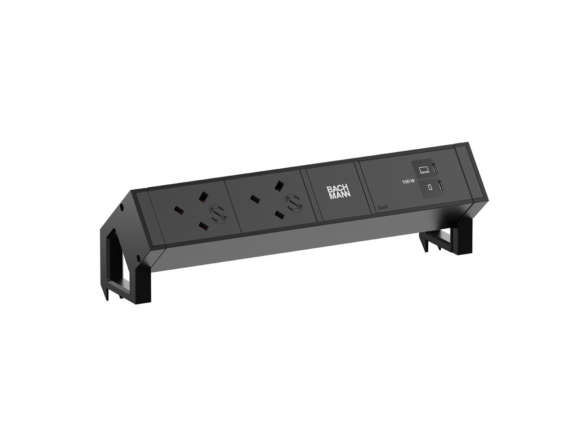 BACHMANN DESK2 2xUK 45° 3.15A, 1xUSB C/C 100W L=0.2m RAL9005