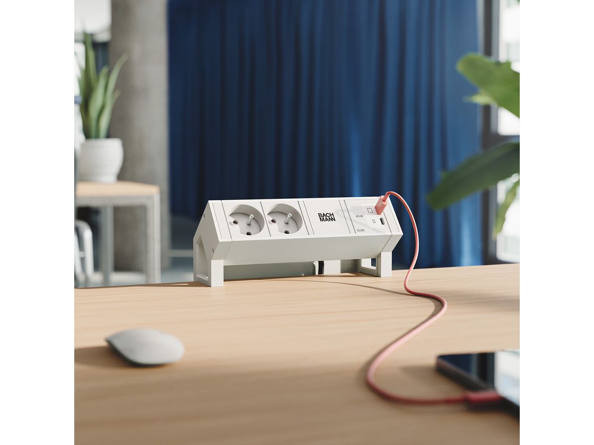 BACHMANN DESK2 white 2xUTE, 1xUSB C/C 45W L=0.2m RAL9010