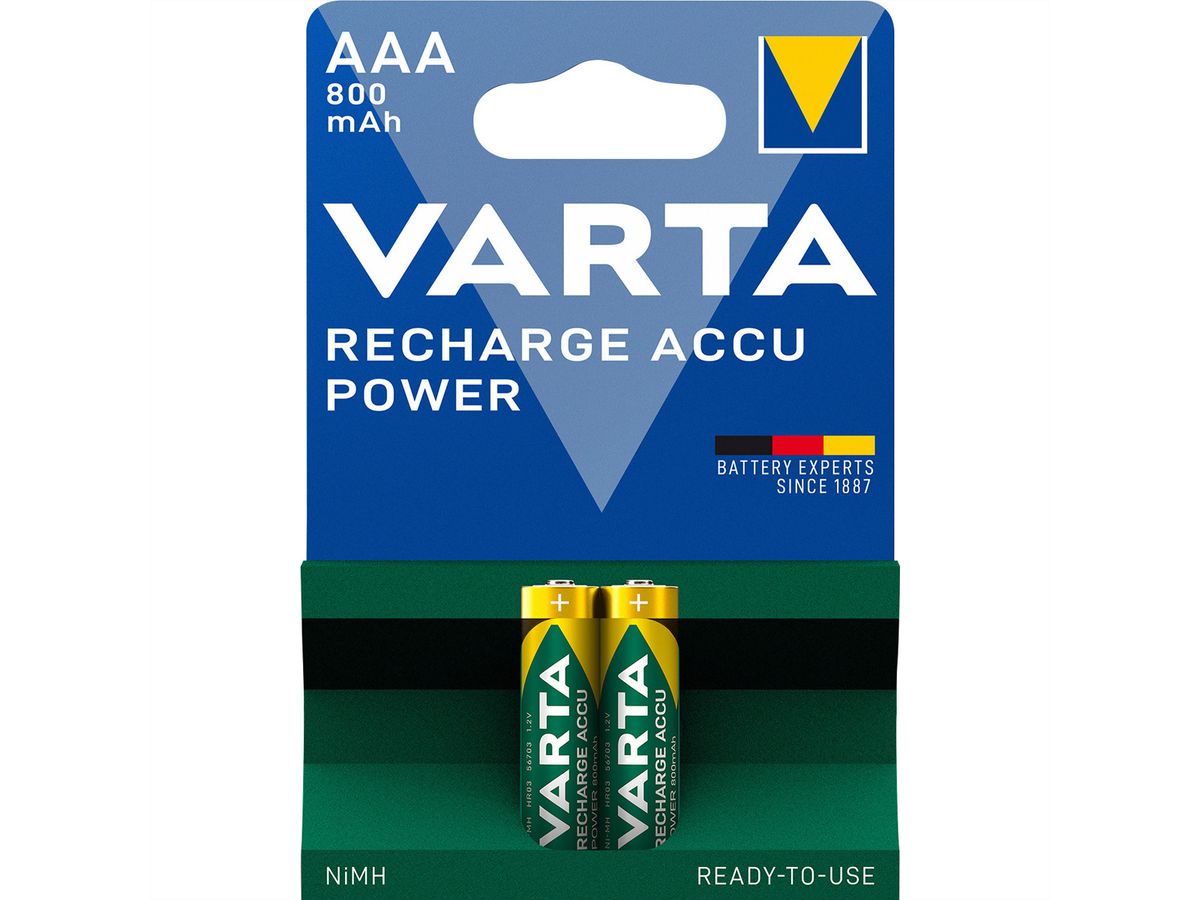VARTA oplaadbare NiMH-batterij Micro, AAA, HR03, 2, 1,2V, 800mAh, Voorgeladen, onmiddellijk klaar voor gebruik, lange levensduur