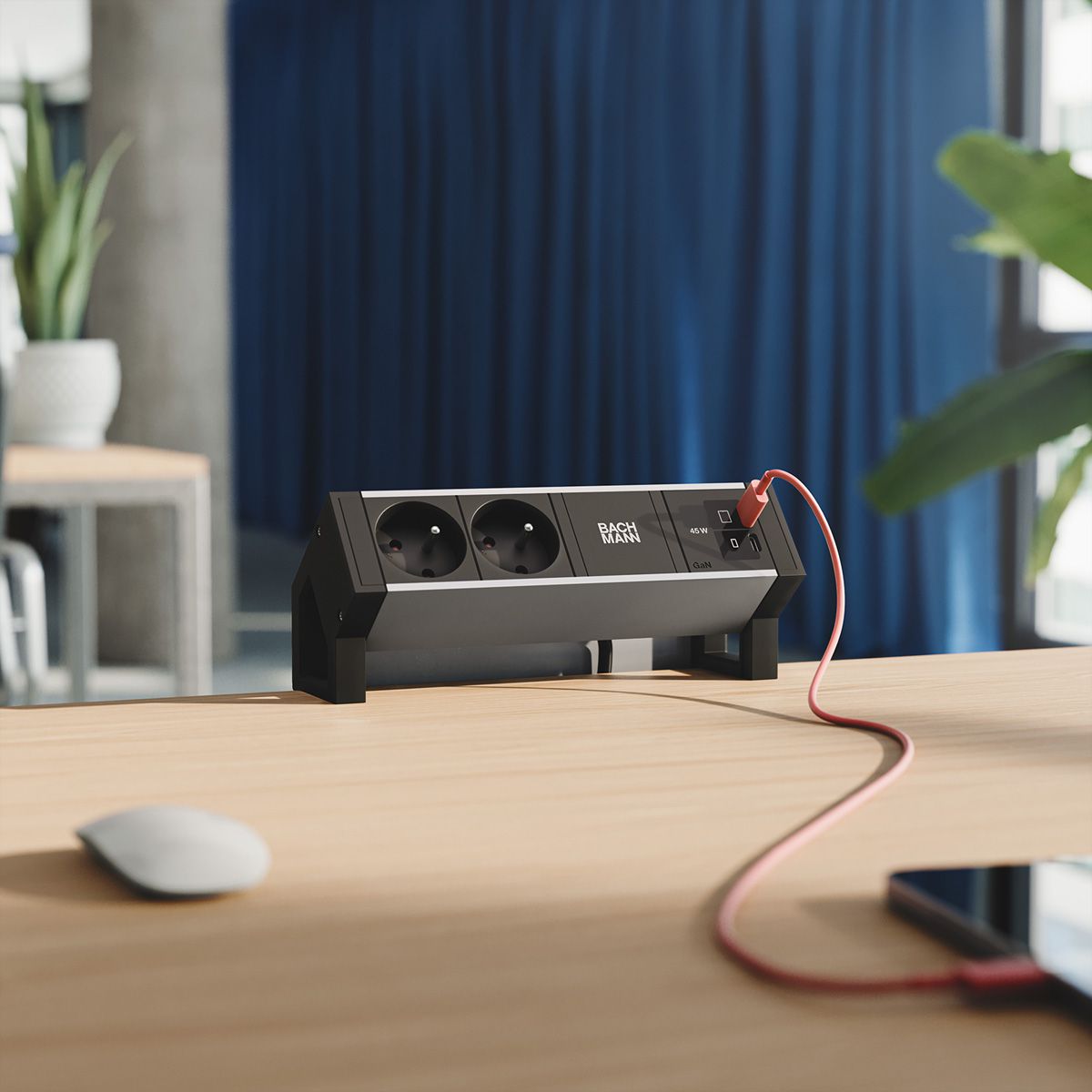 BACHMANN DESK2 ALU BLACK 2xUTE, 1xUSB C/C 45W L=0,2m