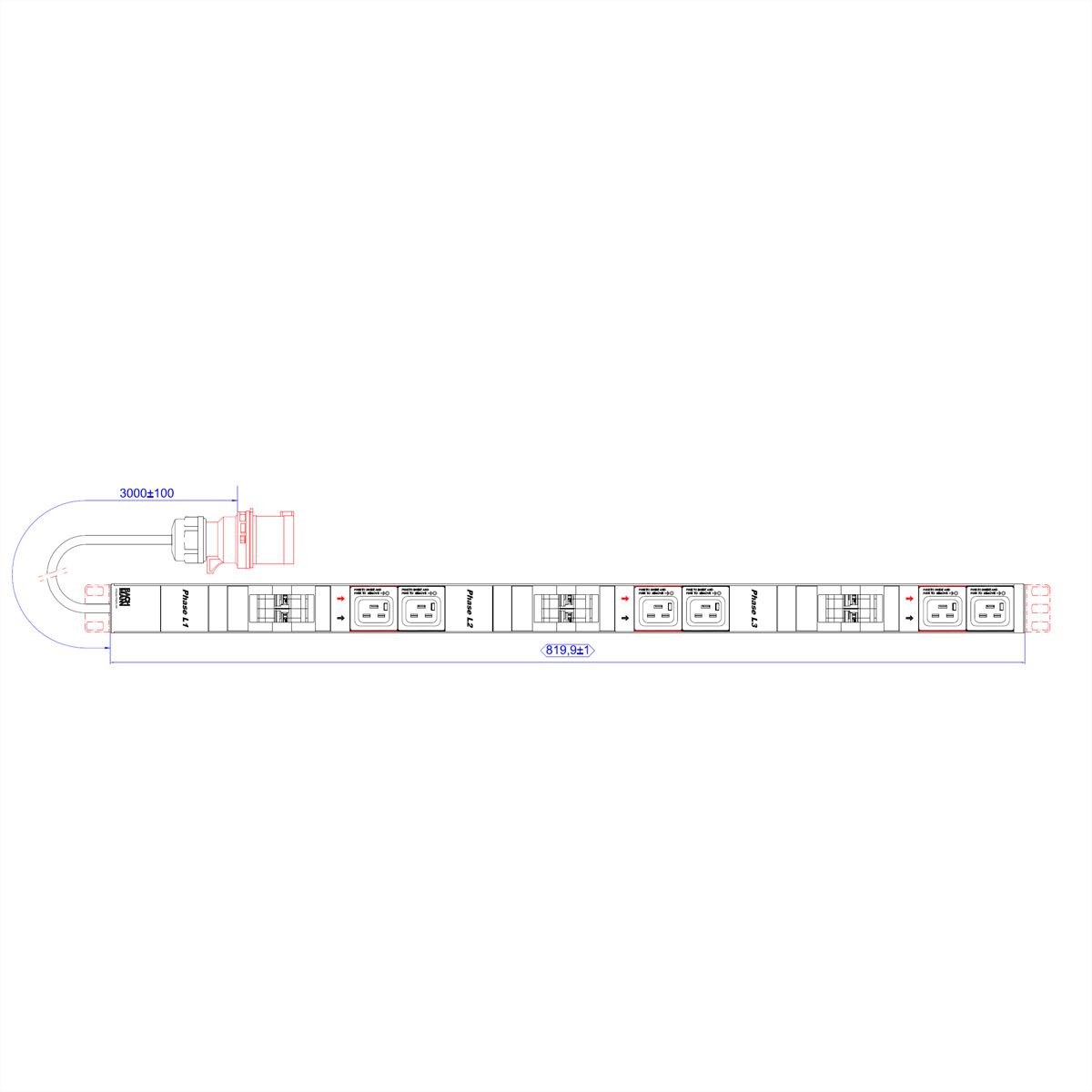 BACHMANN IT PDU ALU 0U 6x C19 6x miniature circuit breakers CEE 3x32A red
