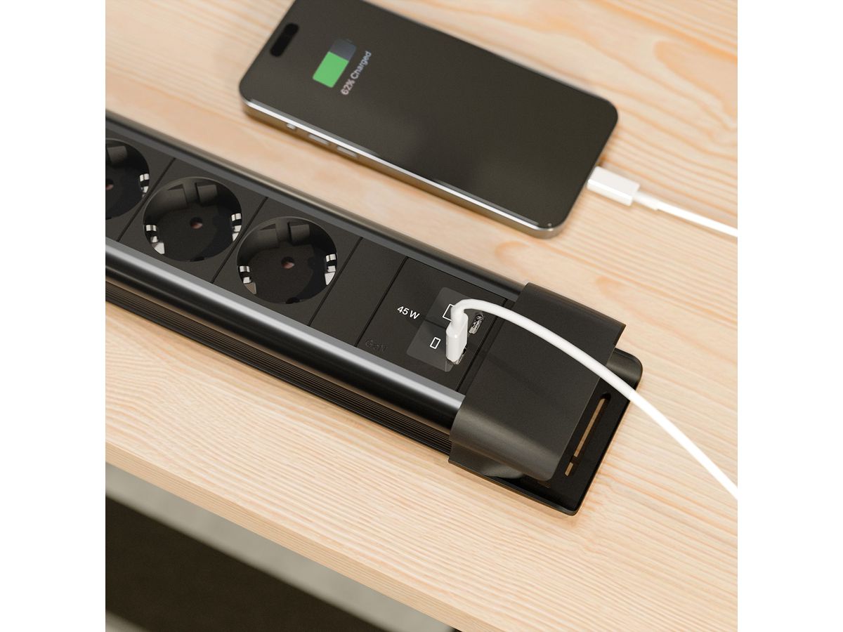 BACHMANN CONNECTUS 6xCEE7/3 1xSwitch, 1xUSB C/C 45W L=2.0m CEE7/7 black