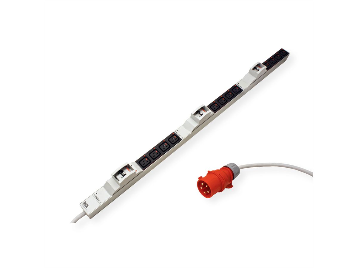 BACHMANN IT PDU ALU 1HE 12xC19 6-aderige kabel-veiligheidsschakelaar CEE 3L+N+PE 32A rood