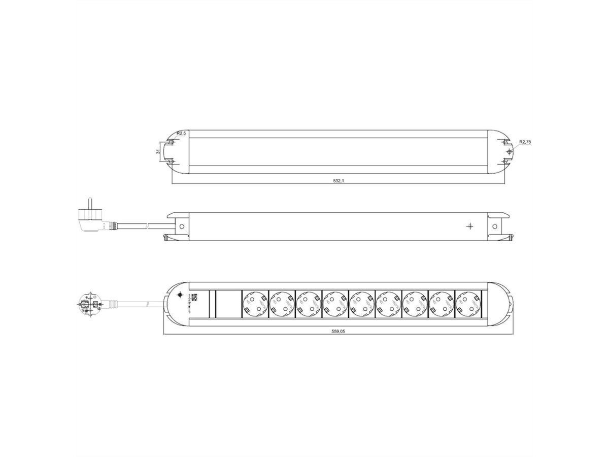 BACHMANN PRIMO stekkerdoos 9x geaard contact, aluminium, 1,75 m