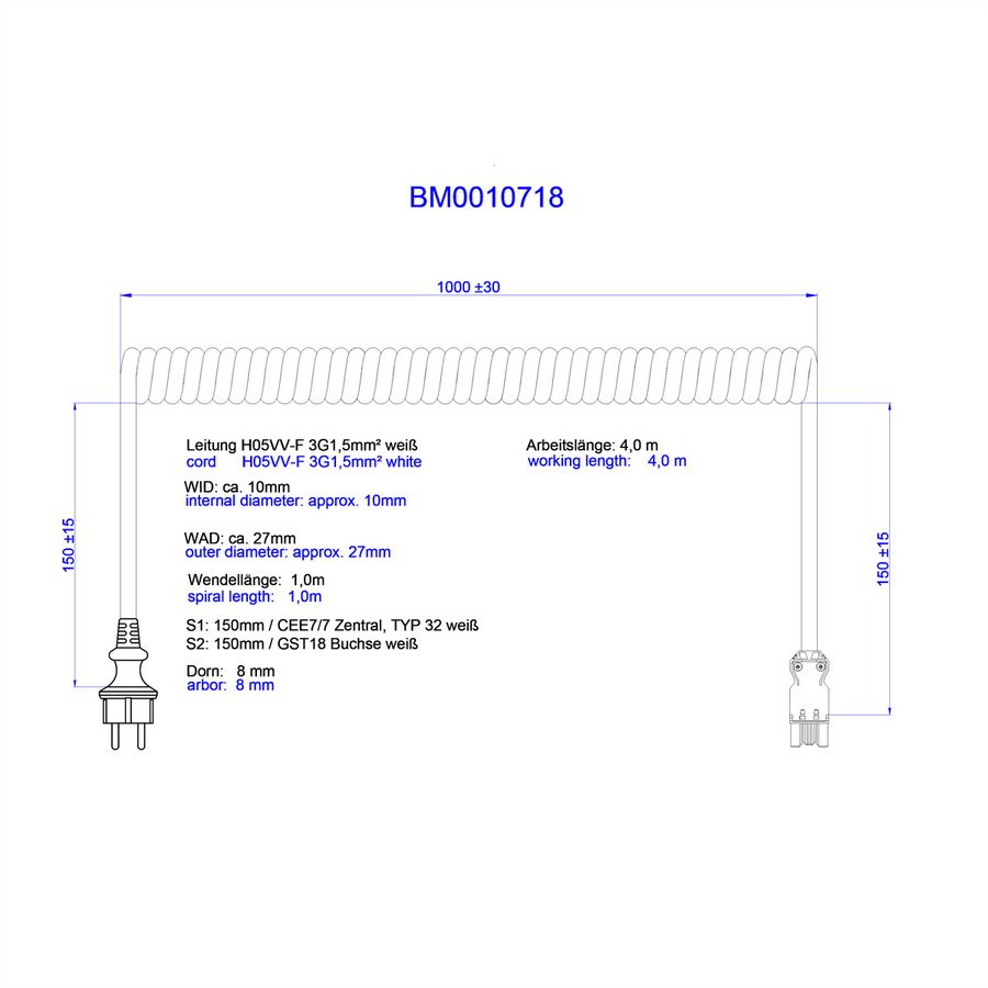 BACHMANN Spiralleitung H05VV-F 3G1,5mm² L:1,0m ws ISV/CEE7/7