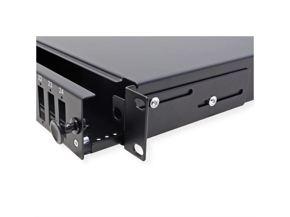 VALUE 19" glasvezel patchbox, leeg 1 HE, uittrekbaar, geschikt voor 24x SC-DX/LC 4-voudig