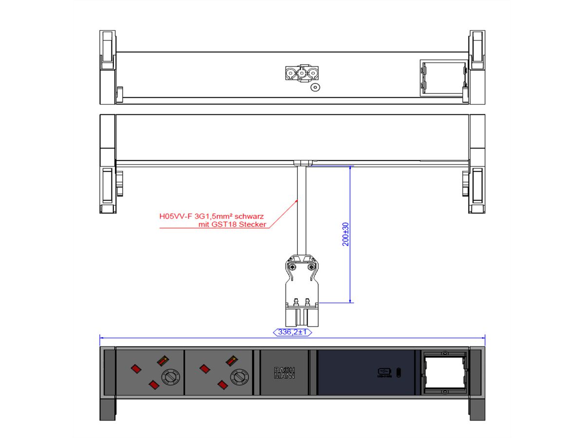 BACHMANN DESK2 ALU ZWART 2xUK 1xCM, 1xUSBC 60W 0,2m GST18 Verenigd Koninkrijk (UK)