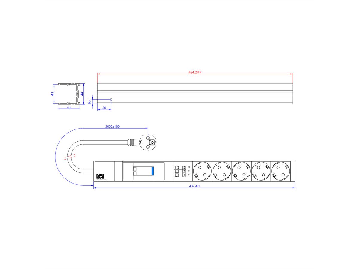 BACHMANN 19" 1U 5xCEE7/3 1xSPD Citel, 2.0m H05VV-F 3G1.50mm black