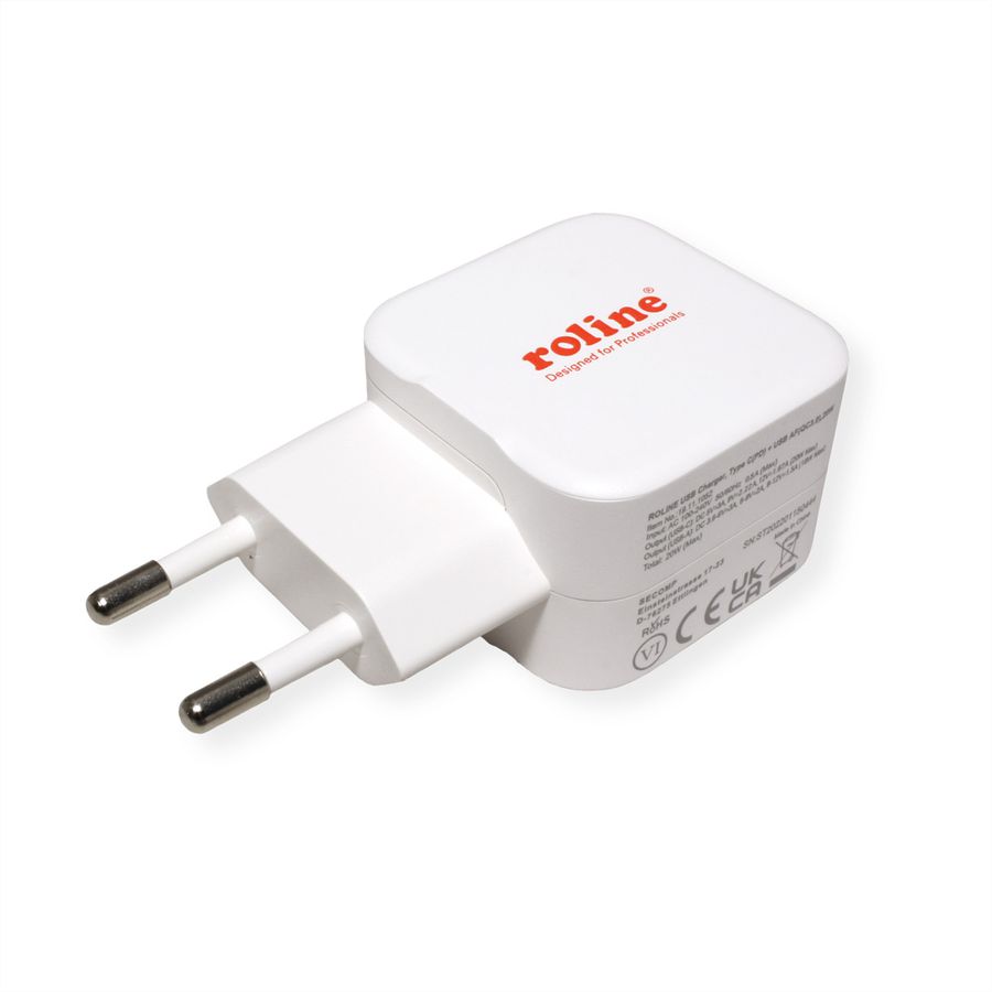 ROLINE USB Wall Charger Euro Plug, 2 Ports, 1x QC3.0 A + 1x C (PD), 20W