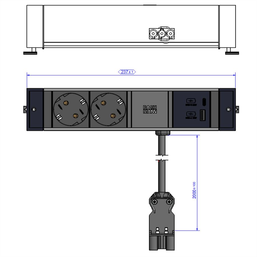 BACHMANN DESK RAIL 2xprotective contact USB A&C, USB Charger 22W 2.0m GST18