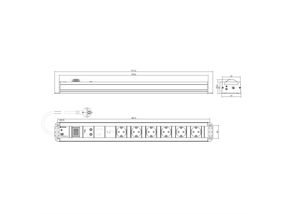 BACHMANN craftsman's strip 6x earthing contact, full device protection, switch, 2 m