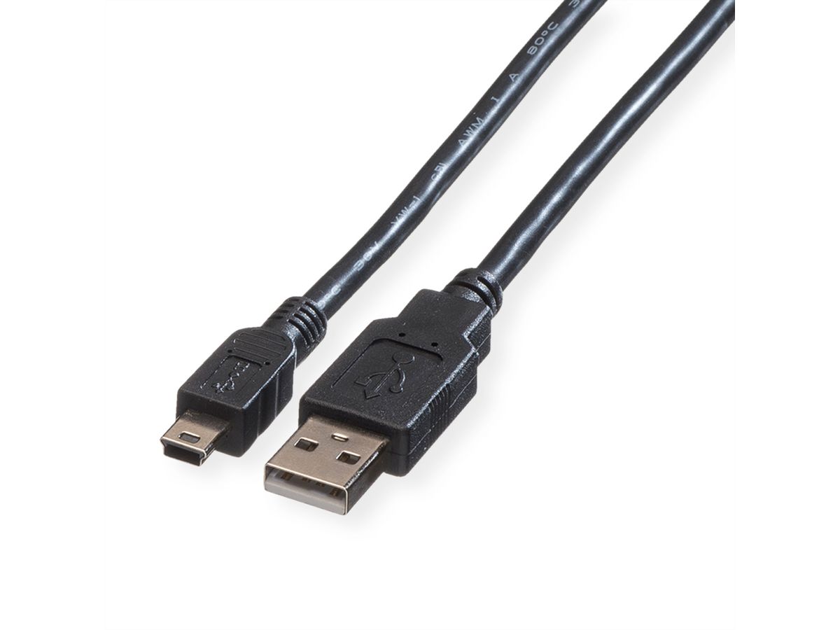 ROLINE USB 2.0 Kabel, type A - 5-Pin Mini, zwart, zwart, 0,8 m