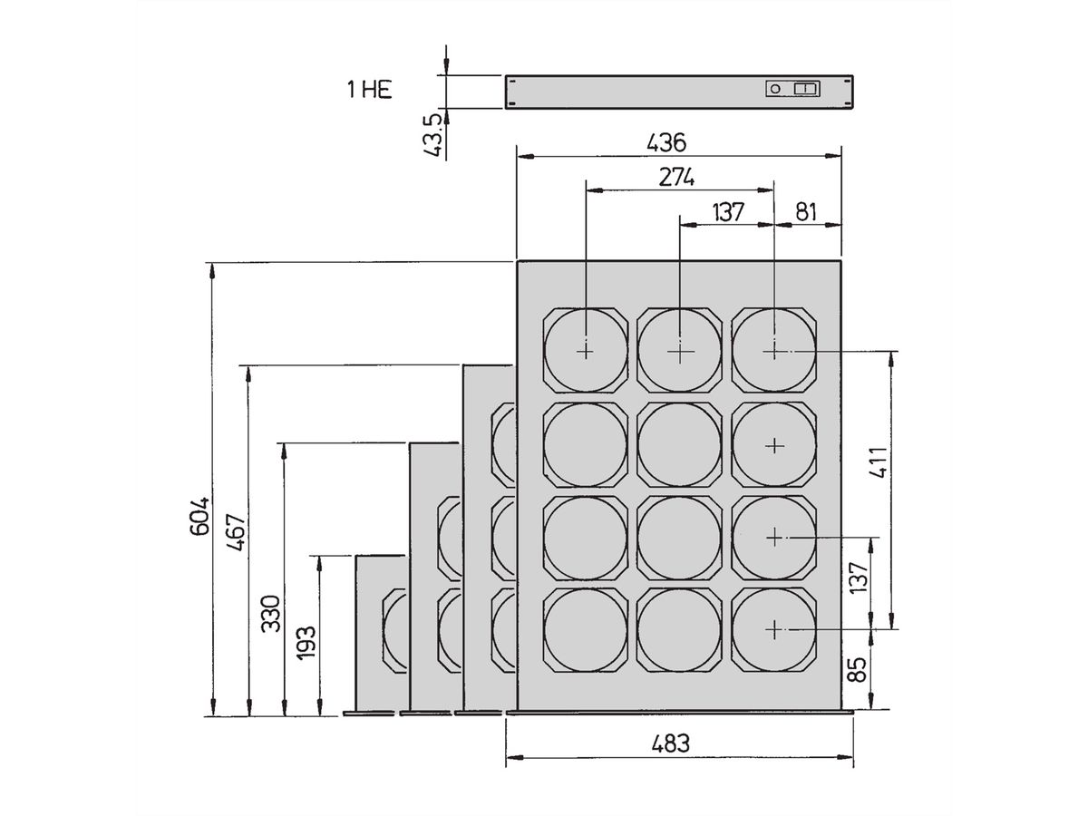 SCHROFF 19" ventilatorelementbehuizing, 1 HE voor 9 ventilatoren, 38 mm
