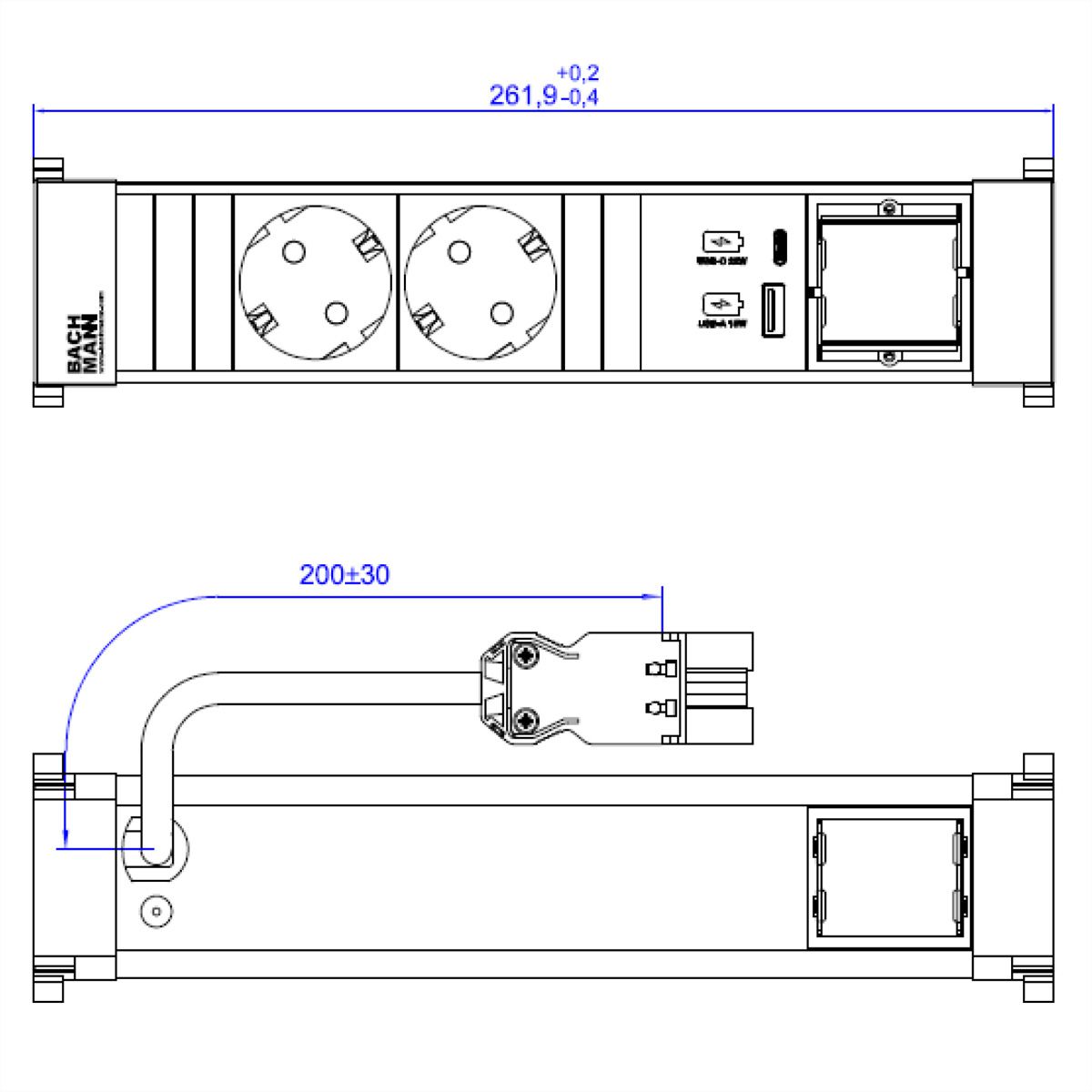 BACHMANN POWER FRAME 2xCEE7/3 1xCM 1xUSB A/C 22W 0,2m GST18 ws