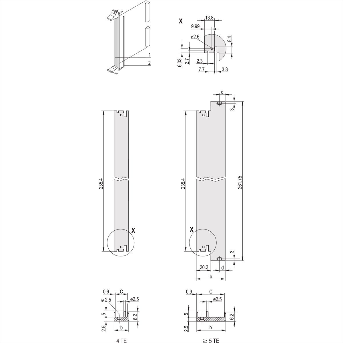 SCHROFF-insteekmodule U-profiel voor IEL, IET, type 2, 3 HE, 10 HE, 0,1" offset, 2,5 mm, Al, geanodiseerd vooraan, geleidend achteraan