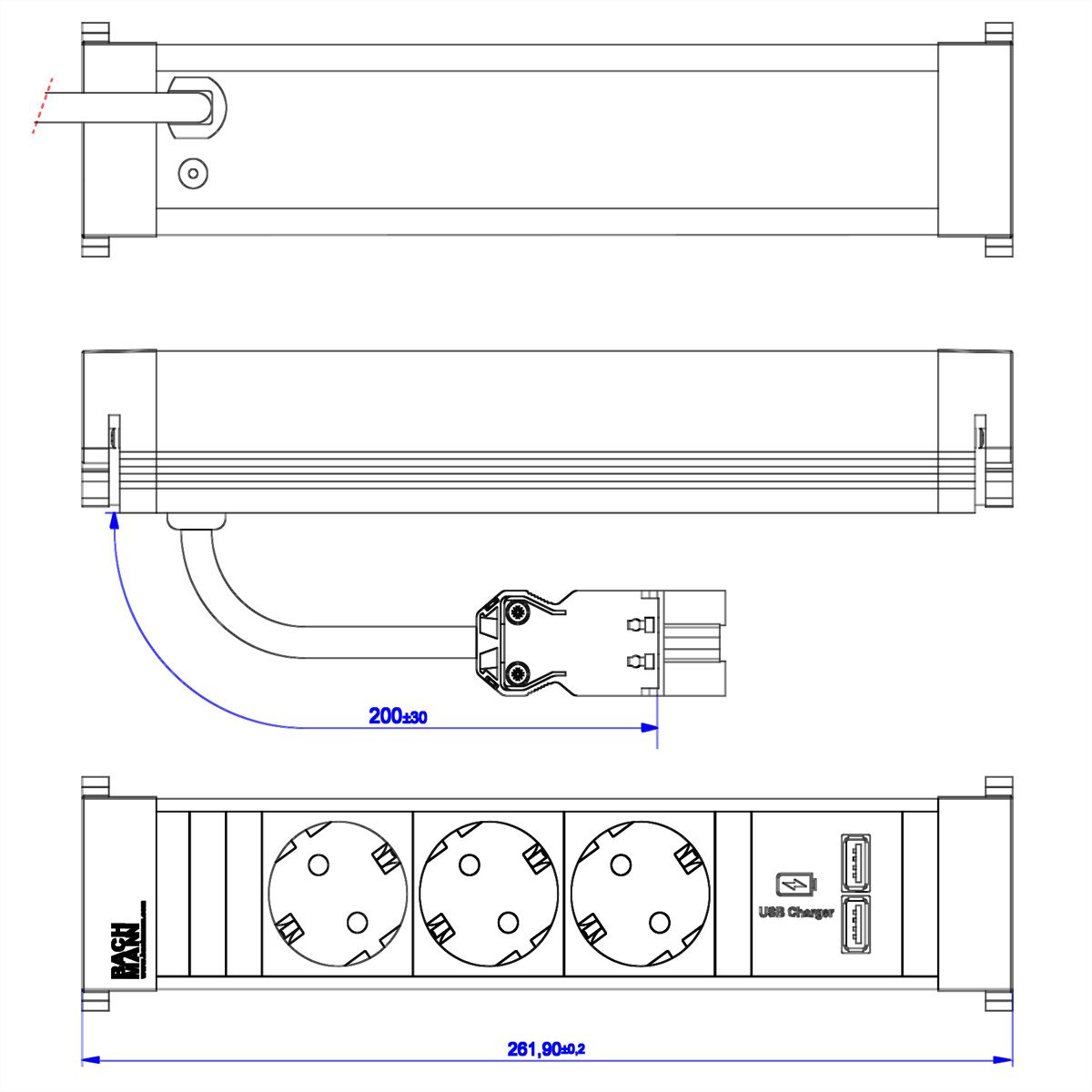 BACHMANN POWER FRAME Medium 3x earthing contact 1xUSB Charger