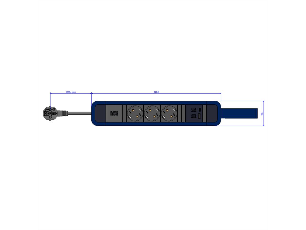 BACHMANN PRIMO 2 3xCEE7/3 1xUSB A/C 22W 2m CEE7/7 with loop RAL5010