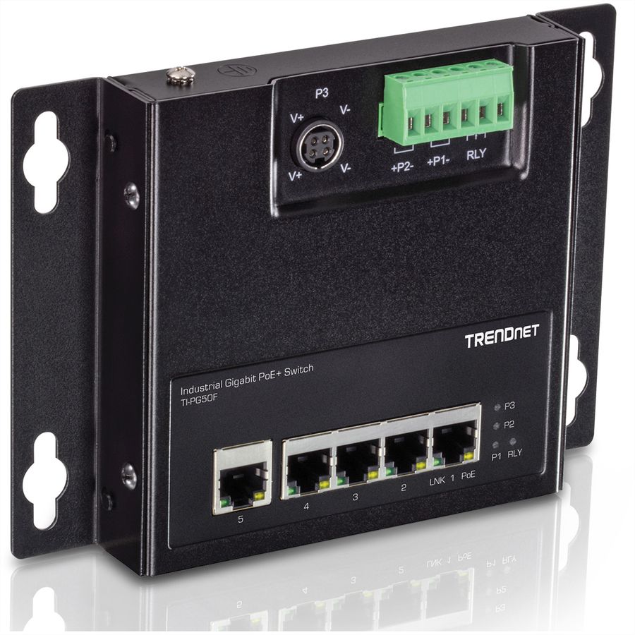 TRENDnet TI-PG50F 5-poorts Industriële PoE+ Gigabit Front Access Switch , wandmontage