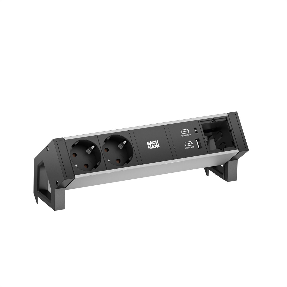 BACHMANN DESK2 ALU BLACK 2x geaard stopcontact, USB , USB Oplader 22W A&C 1xABD 0,2m GST18