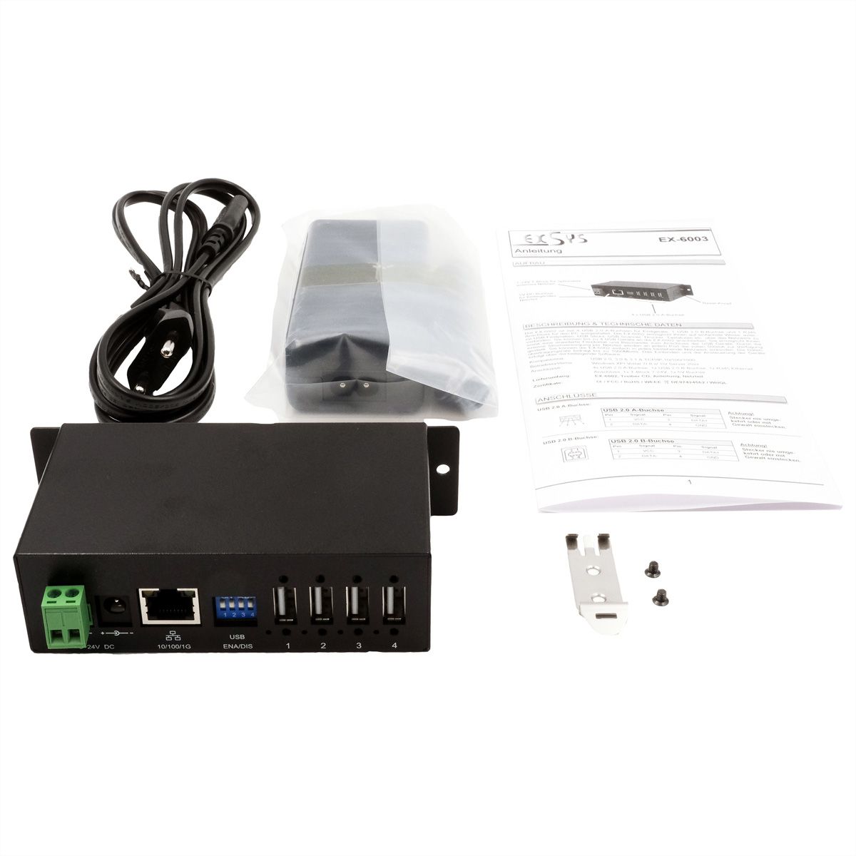 EXSYS EX-6003HMVS Apparaatserver 4x USB 2.0, 9V-24V DC-ingang, metalen behuizing