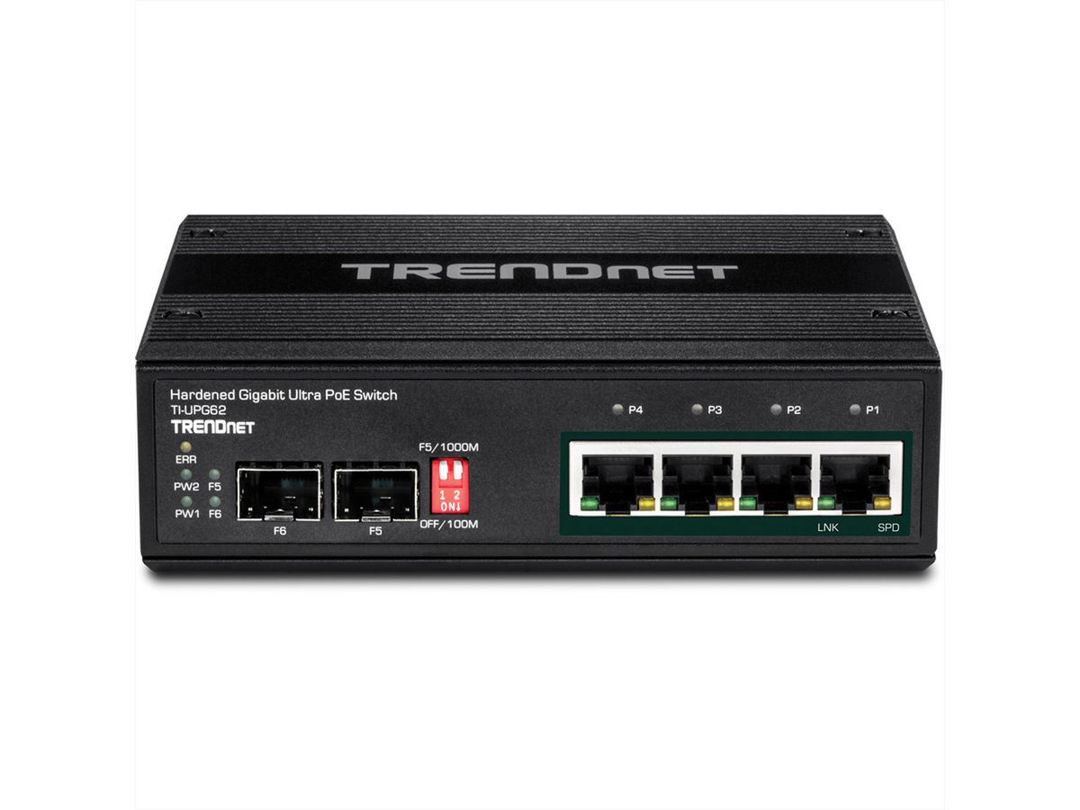 TRENDnet TI-UPG62 6-poorts Gigabit Switch Ultra PoE DIN-Rail Industrieel