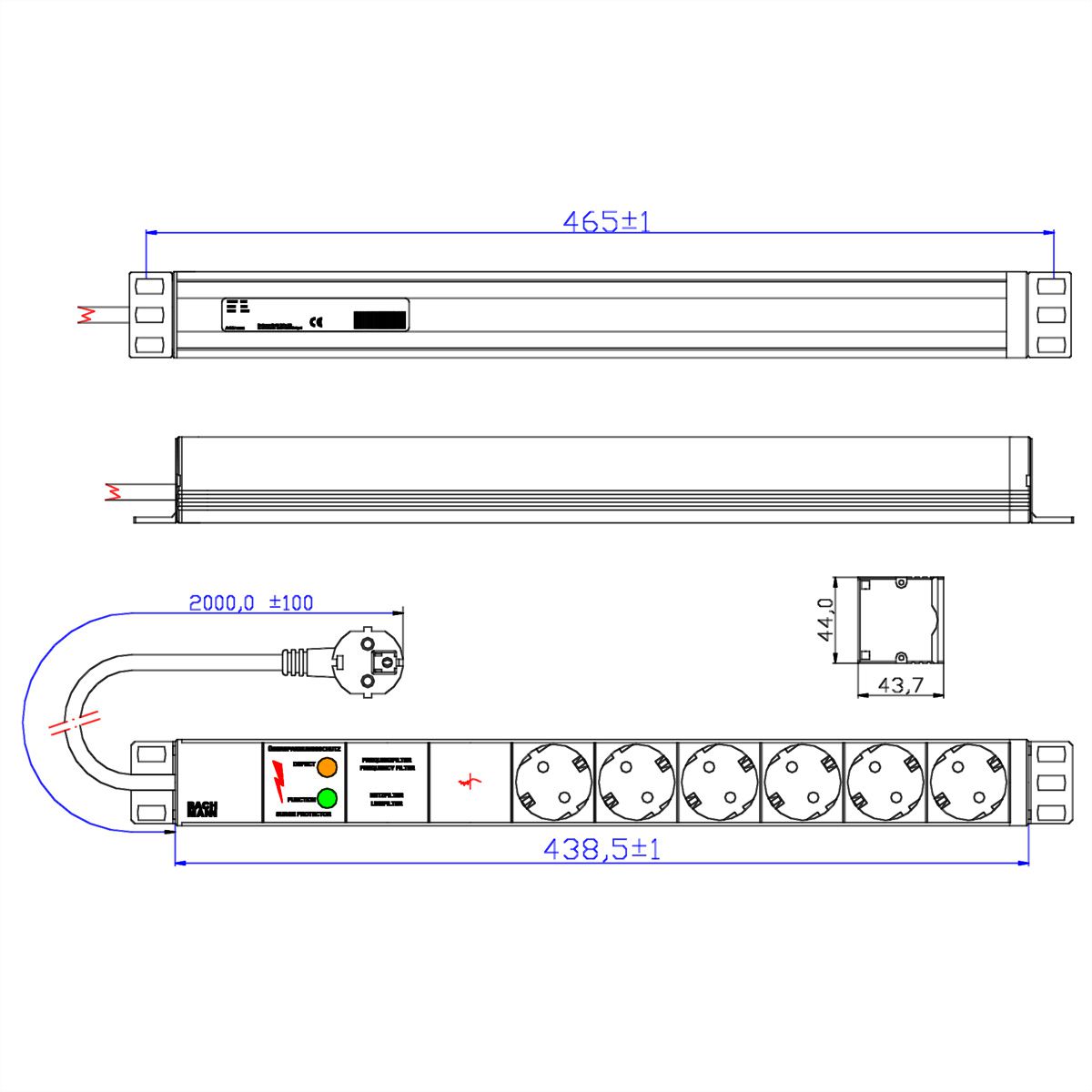 BACHMANN 19" socket strip 6-way with GVS without switch