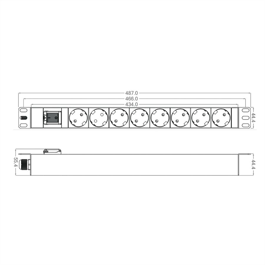 ROLINE 19" stekkerdoos 8-voudig, met aan/uit schakelaar, zwart, 2 m