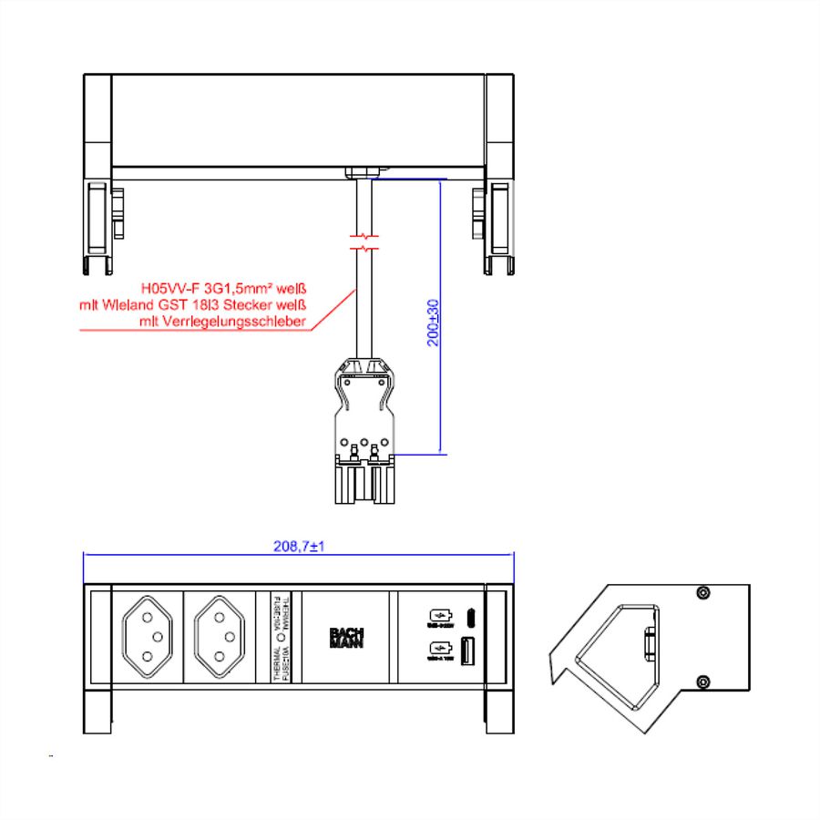 BACHMANN DESK2 2xCH T13 1xUSB A/C 22W 0,2m GST18 RAL9010