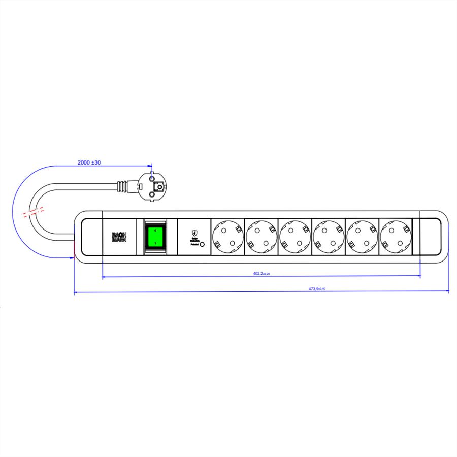 BACHMANN PRIMO 2 6xCEE7/3 1xSPD-Plus 1xswitch 2.0m CEE7/7