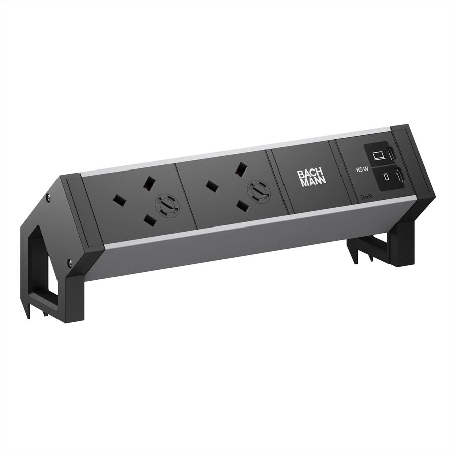 BACHMANN DESK2 ALU BLACK 2xUK, 1xUSB C/C 65W L=0,2m