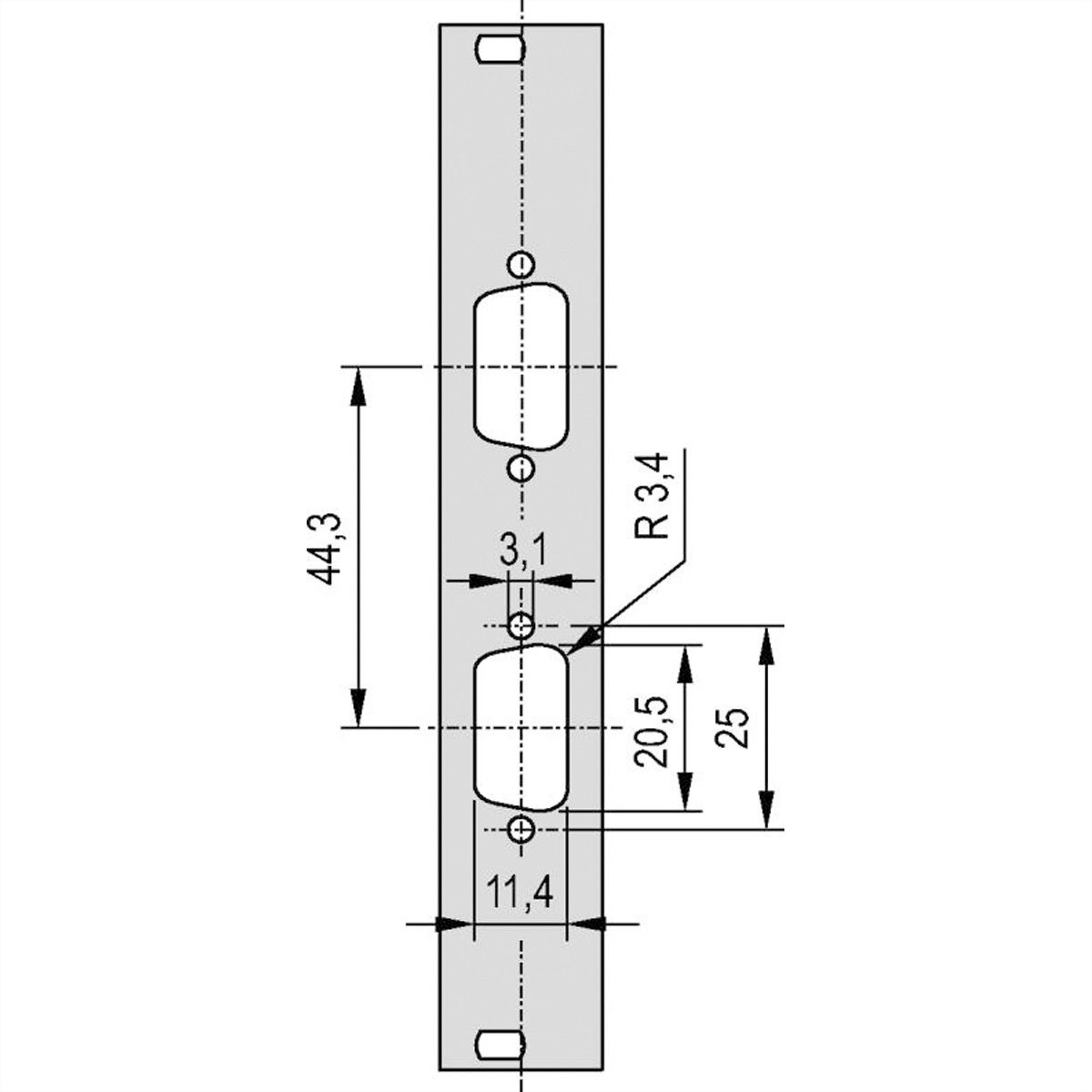 SCHROFF 19" voorpaneel met D-subuitsparing, 2x9-pins, 3U, 4 HP, 2,5 mm, Al, RAL 7035