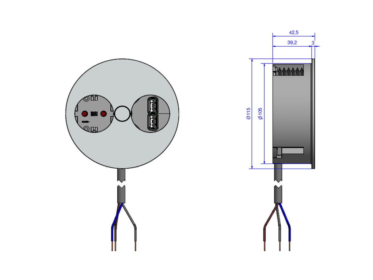BACHMANN TWIST 1x geaard stopcontact, adereindhulzen, USB oplader, geaarde stroomkabel, wit, 2 m
