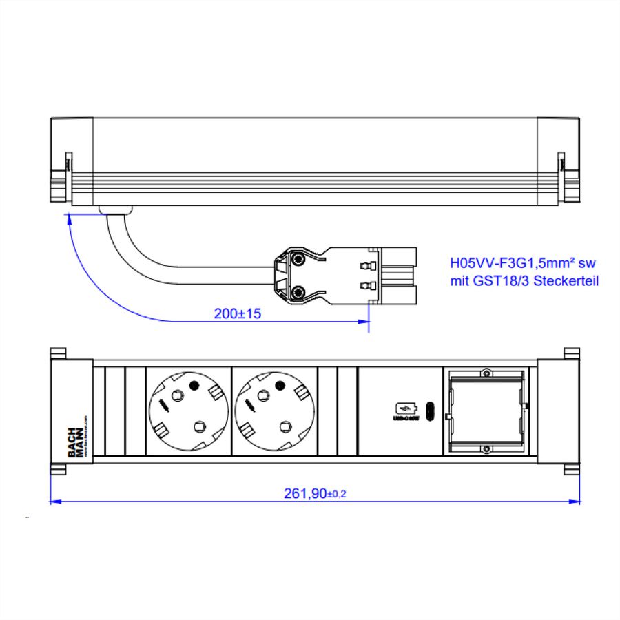 BACHMANN POWER FRAME M 2xCEE7/3, 1xUSB C 30W 1xCM 0.2m GST18