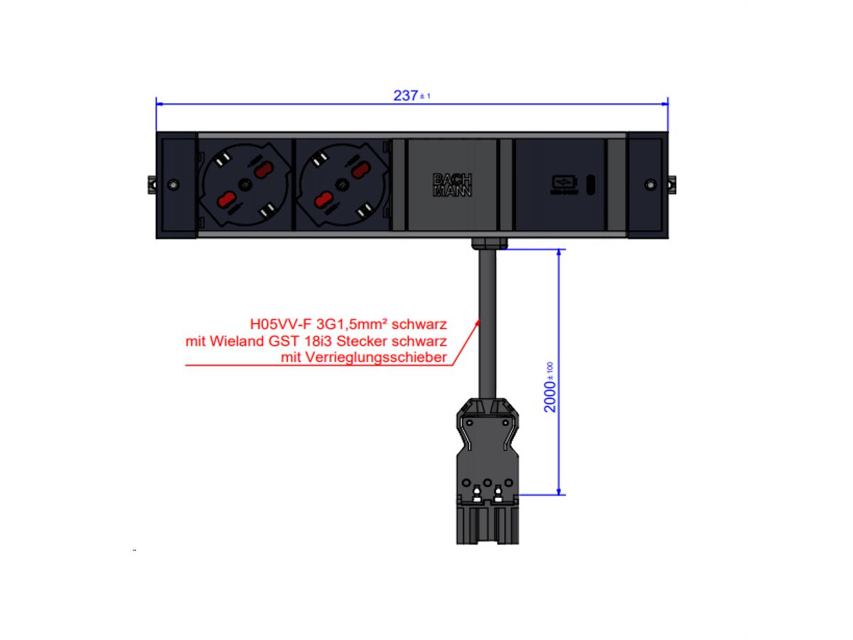 BACHMANN DESK RAIL 2xP40 1xUSB C 30W, 1xUSB A&C Italië