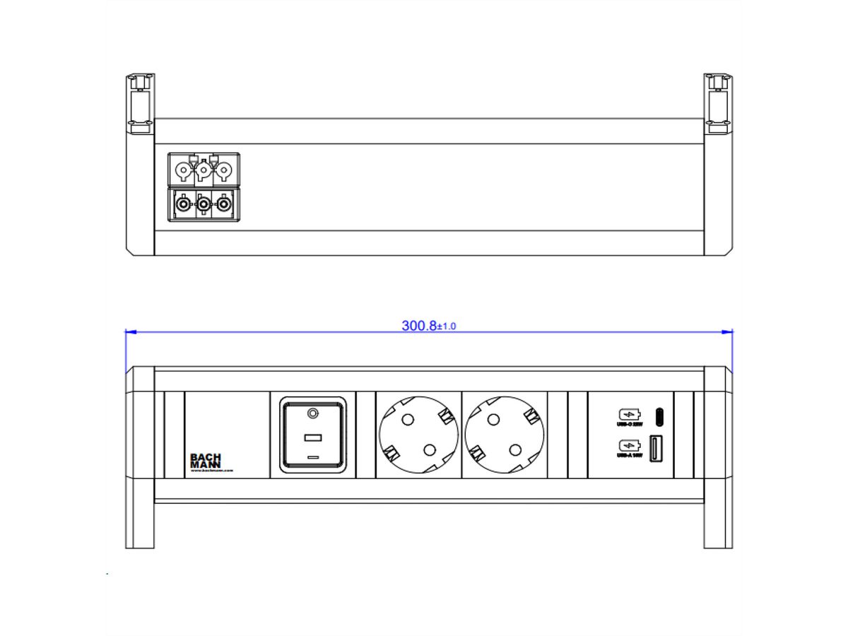 BACHMANN DESK 2xCEE7/3 1xSwitch 1xUSB A/C 22W GST18 RAL9010