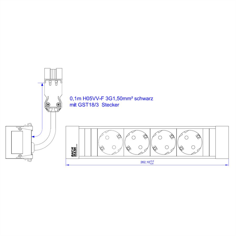 BACHMANN POWER FRAME 4xCEE7/3 ALU 0.20m 3G1.5mm² sw GST18