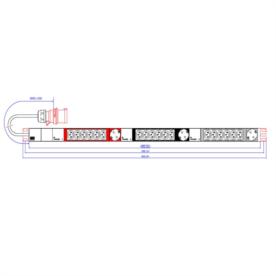 BACHMANN IT PDU ALU 1U 18x C13 3x earthing contact CEE 3x 16A red